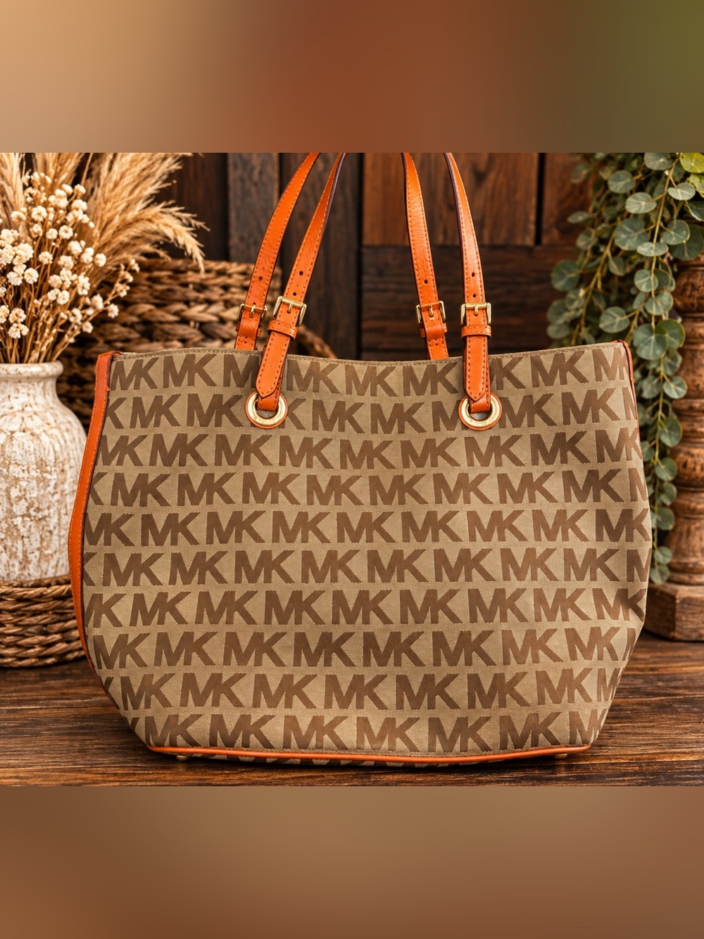 Michael Kors Signature MK Logo Tote – Tan/Brown with Orange Leather Trim 🧡🤎